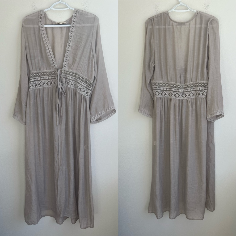 Rebellion Again Taupe Boho Bohemian Beige Embroidered Lace Kimono Duster